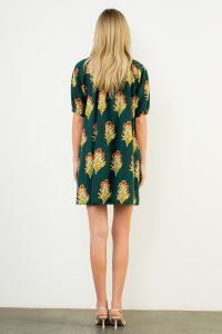 Green Floral Print V-Neck Striped Detail Dress