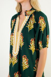 Green Floral Print V-Neck Striped Detail Dress