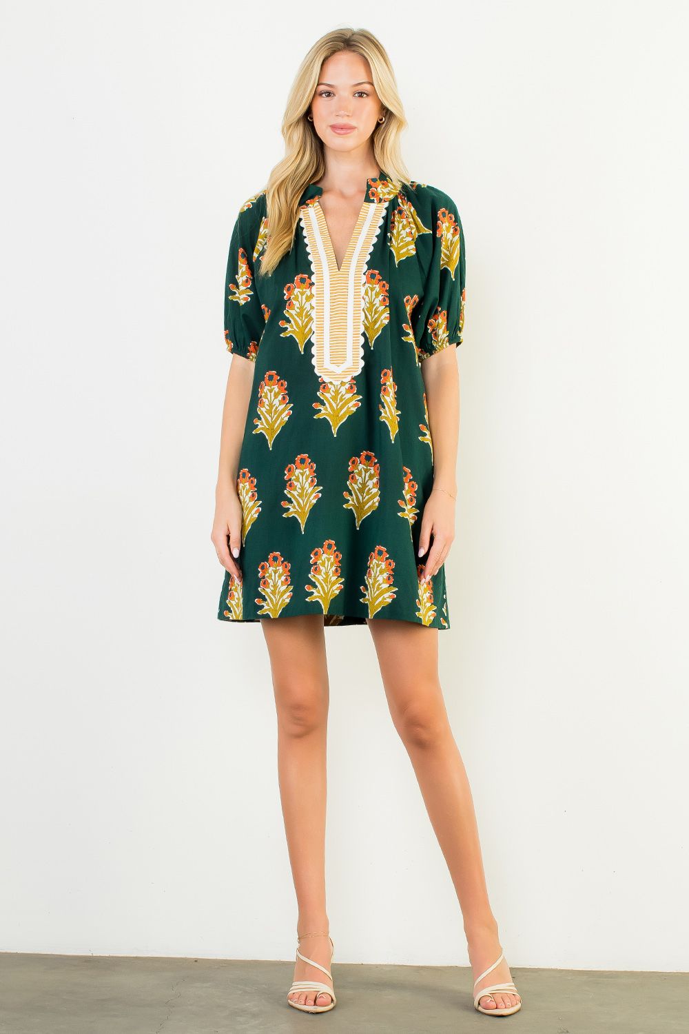Green Floral Print V-Neck Striped Detail Dress