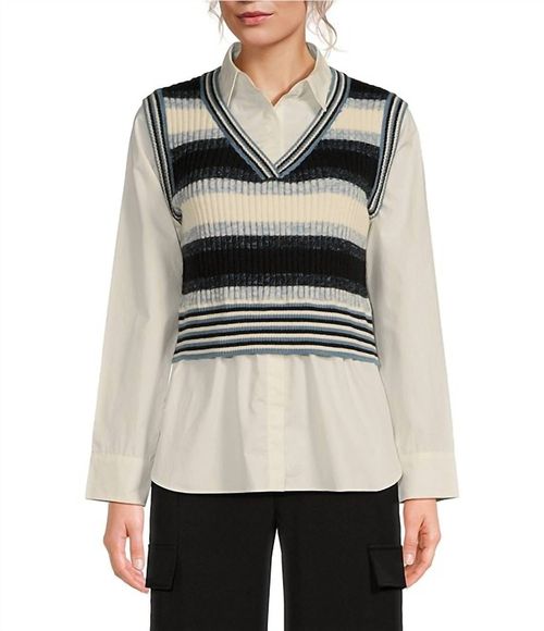Blue Striped V-Neck Long Sleeve Sweater Vest Shirt