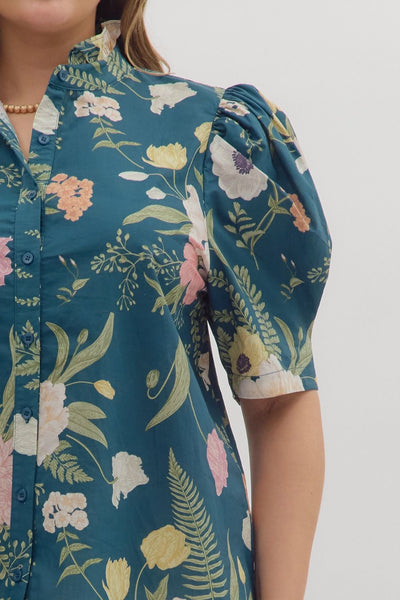 Teal Floral Print Top with Ruffled Neck