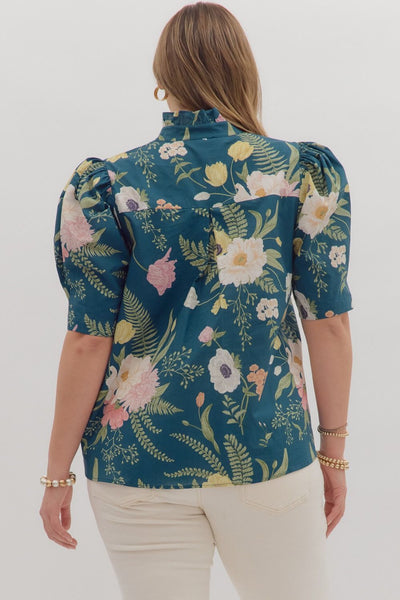Teal Floral Print Top with Ruffled Neck