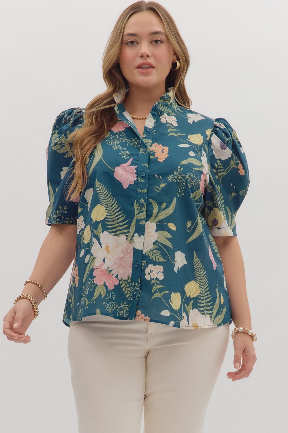 Teal Floral Print Top with Ruffled Neck