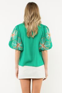Puff Sleeve Embroidered V-Neck Top