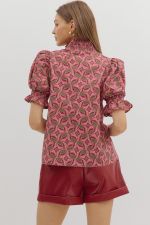 Abstract Pattern Wine Top with Smocked Cuff Band