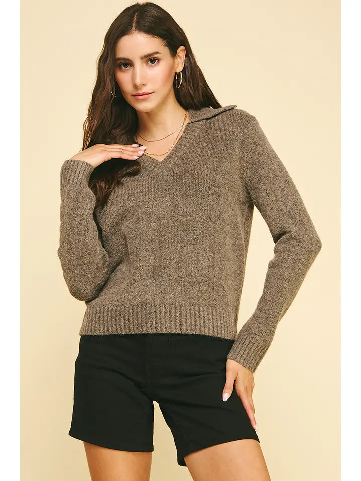 Wolf Grey V-Neck Collared Sweater
