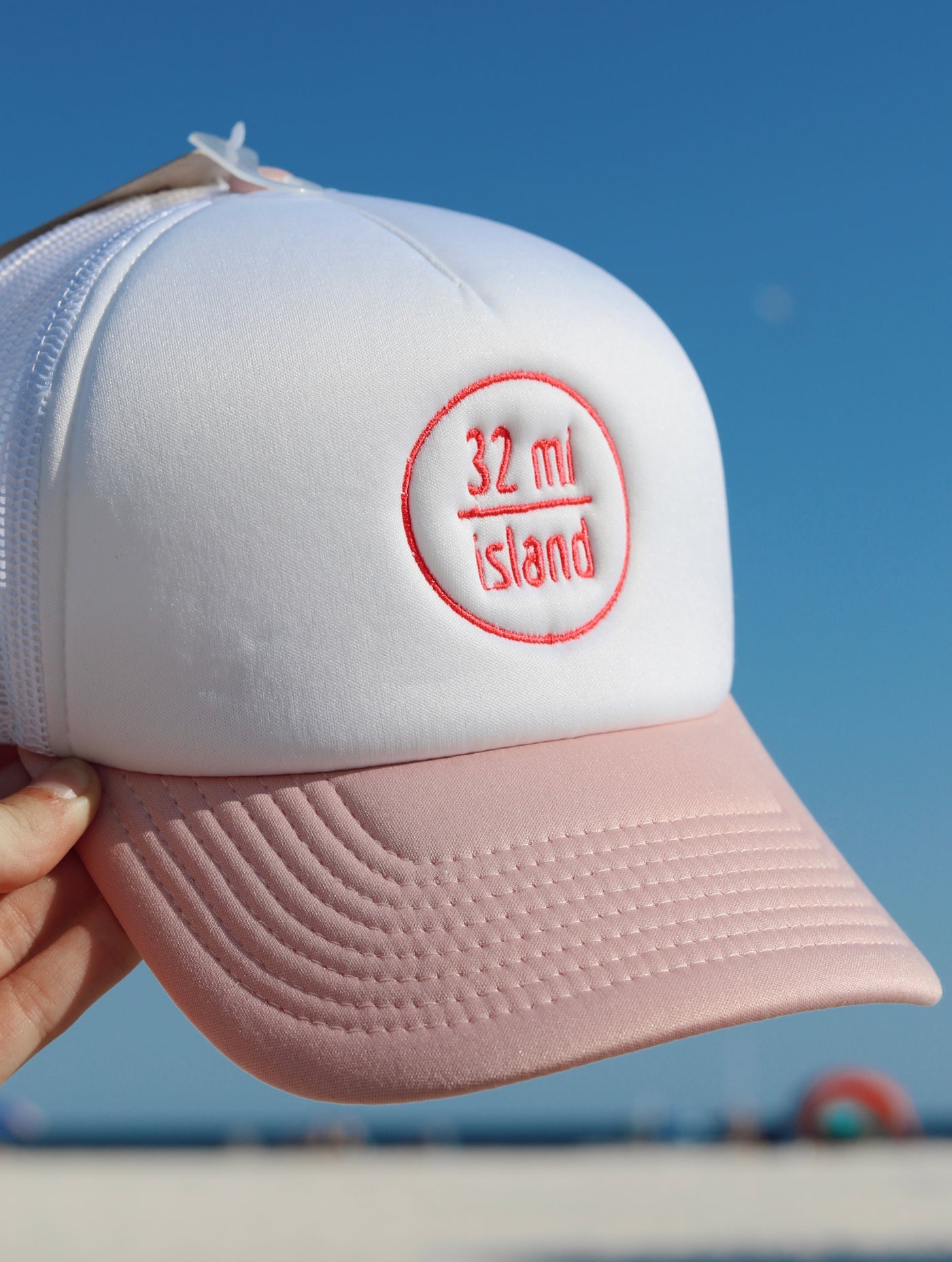 Soft Pink "32 Mi Island" Puff Trucker Hat