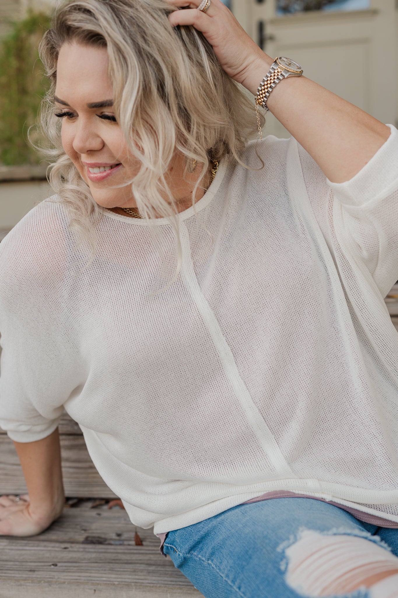 Cream front seam lightweight sweater