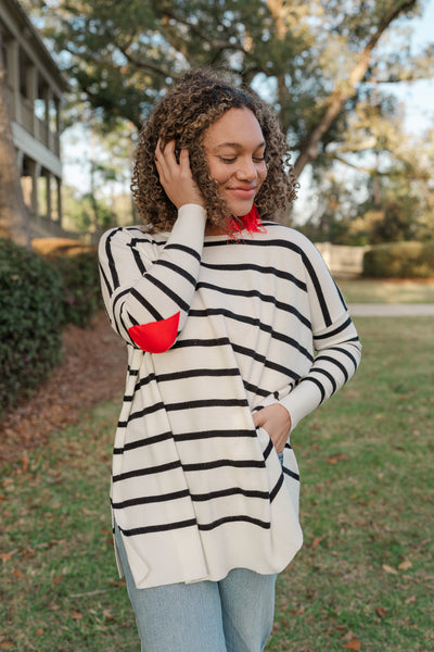 Black and White Stripe Sweater with heart Patches
