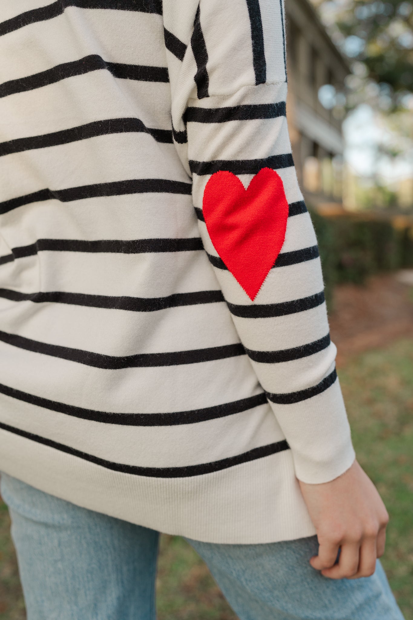 Black and White Stripe Sweater with heart Patches