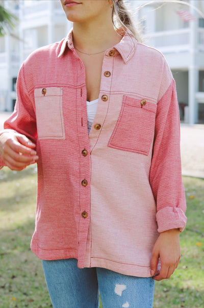 Pink Color block button down shacket