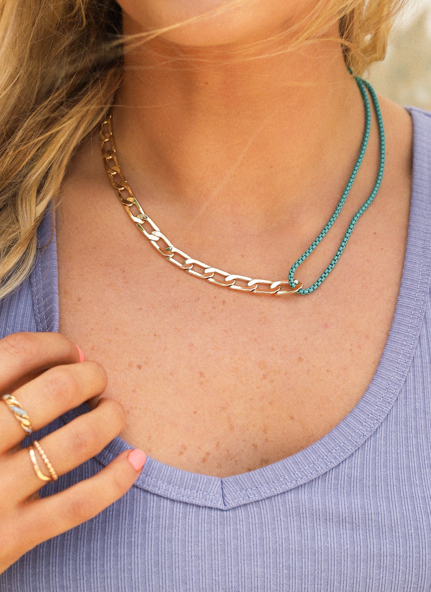Gold Chain Link with Teal Enamel Detail Necklace