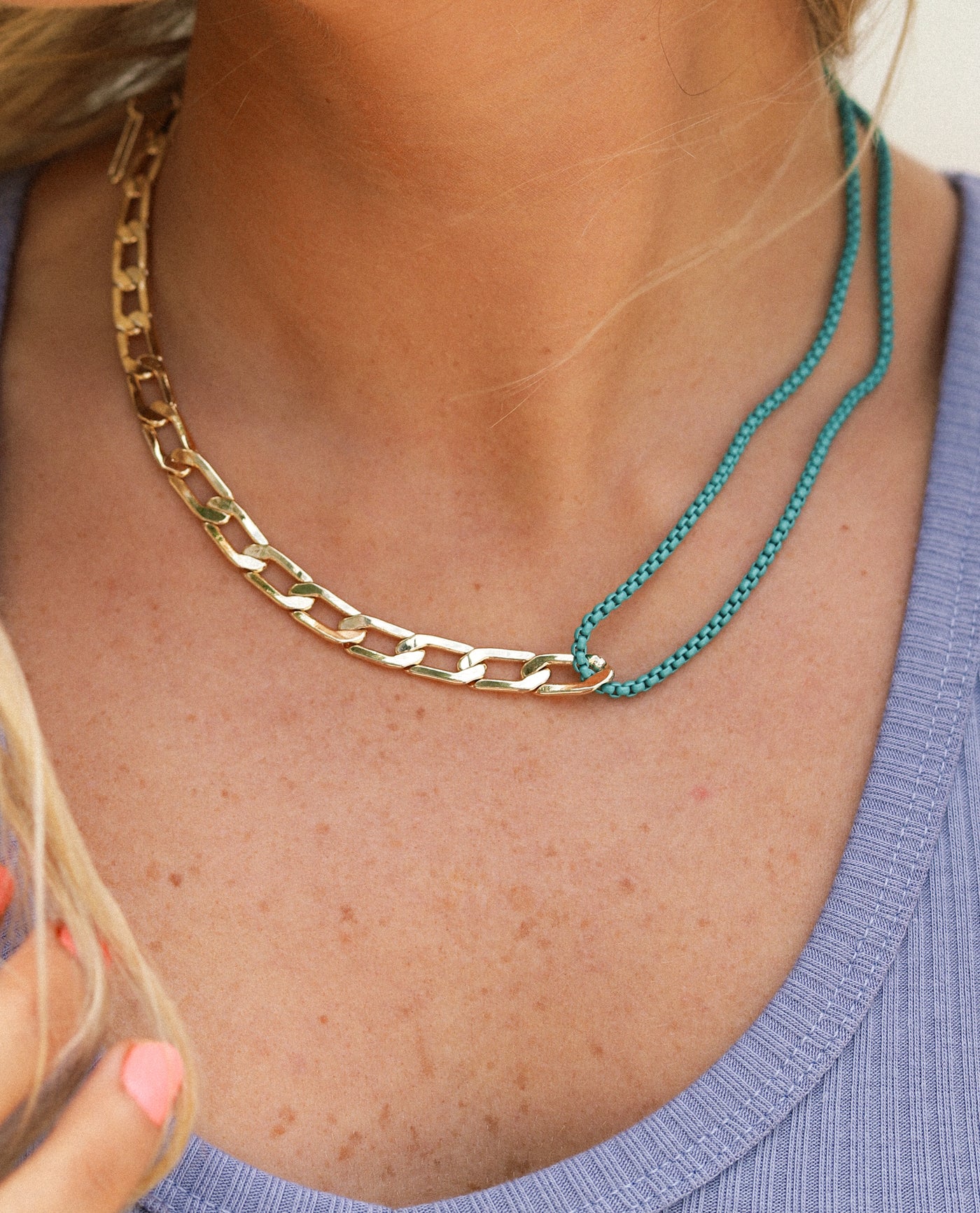 Gold Chain Link with Teal Enamel Detail Necklace